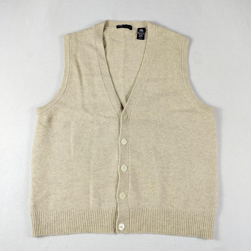Grant Thomas Sweater Vest Mens Large‎ Beige Wool Button Front Sleeveless Classic